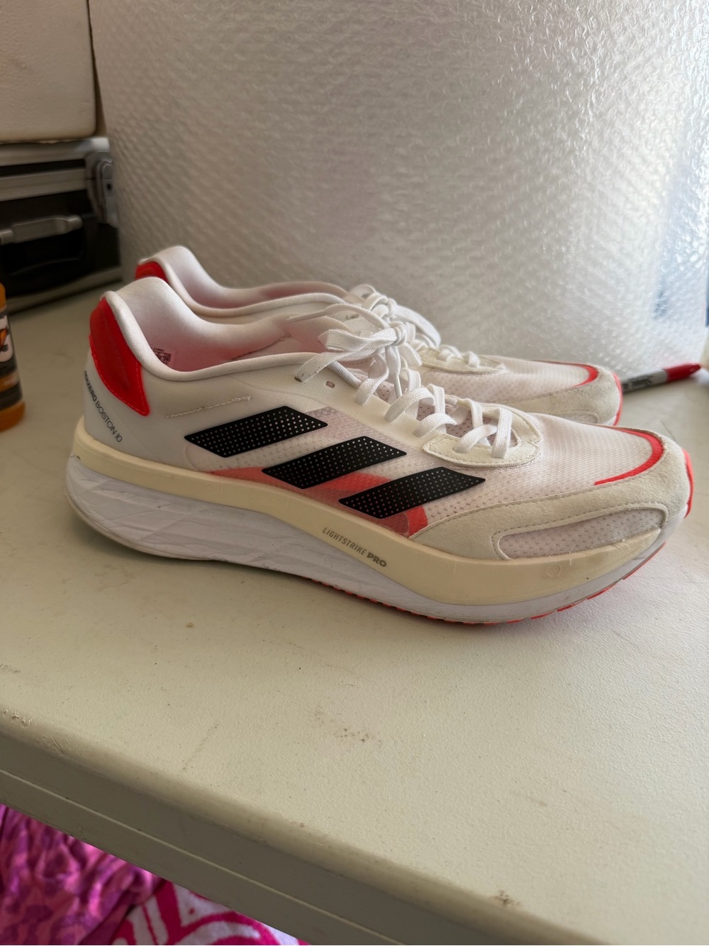 Men’s adidas Size 11 White Athletic Running with Red Accents ADIZERO Boston 10